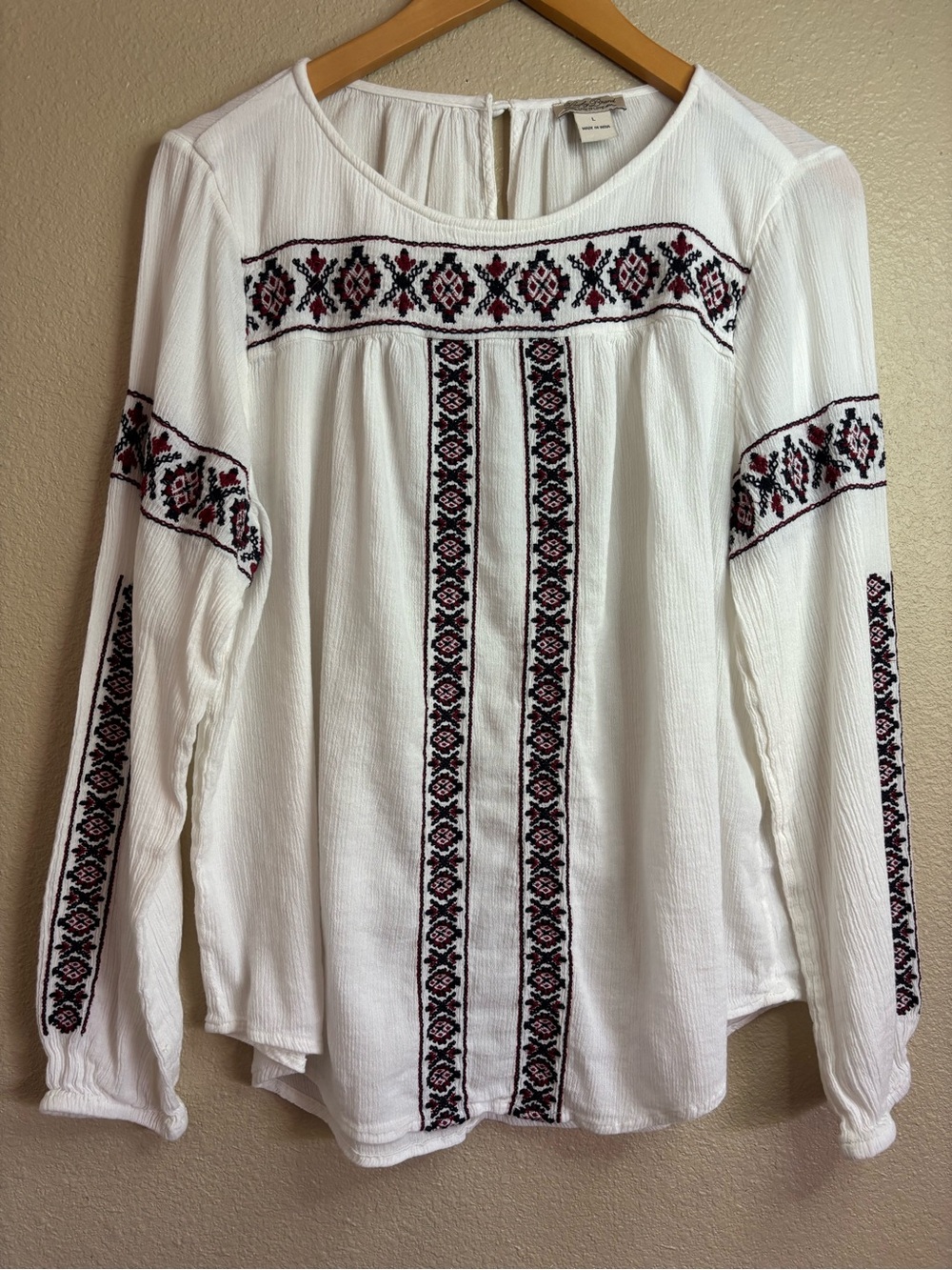 Lucky Brand White Embroidered Peasant Blouse - Red & Black Accents